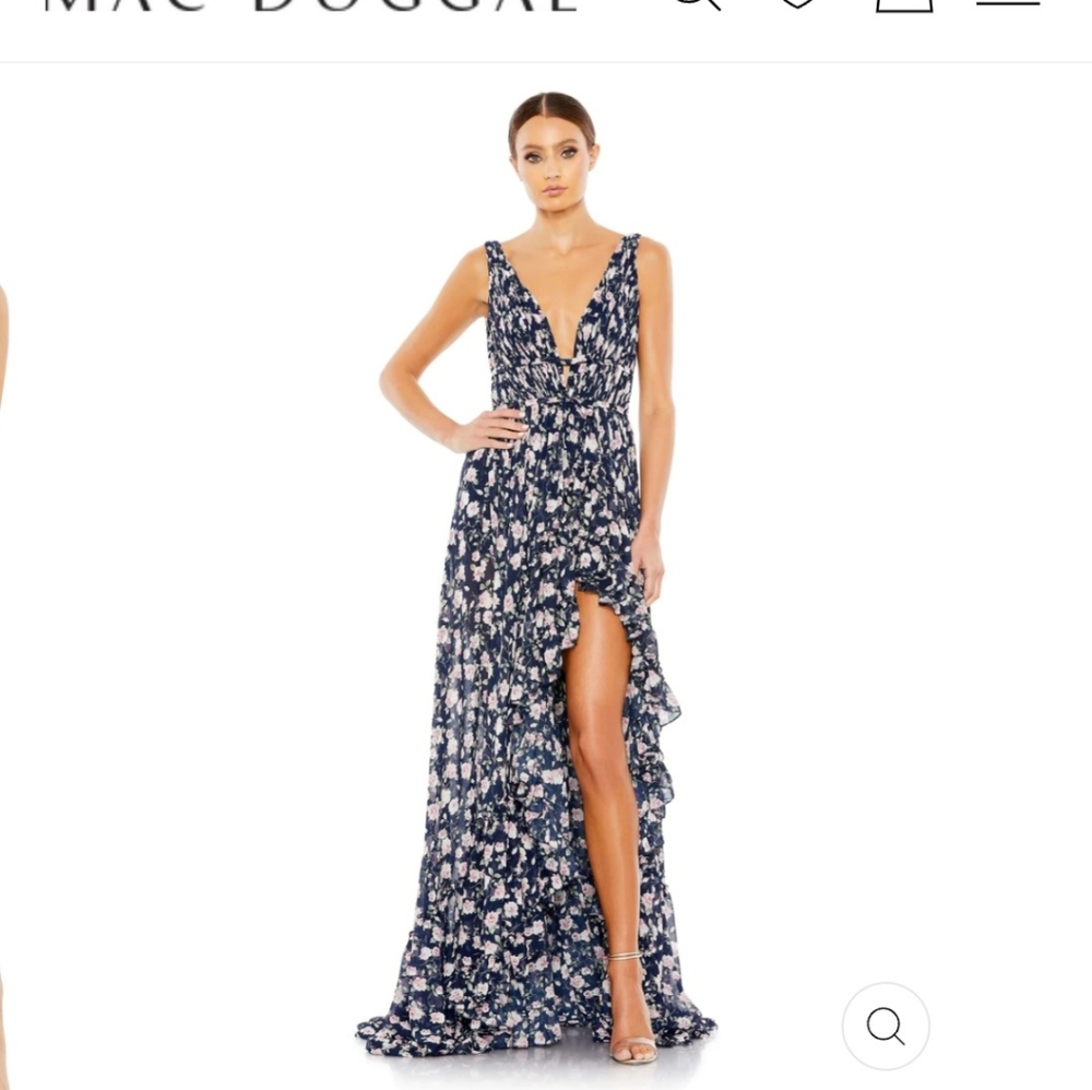 Mac Duggal Navy Blue and White Floral Maxi Dress